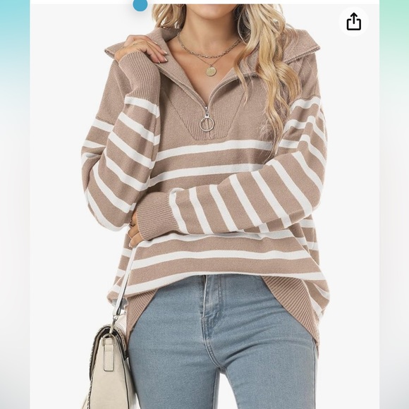 Striped Sweaters Half-Zip Long Sleeve Oversized Pullover - Picture 3 of 12